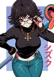 absurdres adjusting_eyewear big_breasts black-framed_eyewear black_hair black_sweater blue_jeans blue_pants breasts cross cross_necklace denim female glasses highres hunter_x_hunter jeans jewelry large_breasts looking_at_viewer medium_breasts midriff navel necklace pants phantom_troupe pixel_art red_eyes shizuku_murasaki short_hair solo staff stomach_tattoo sweater tattoo tongue tongue_out vacuum_cleaner yumykon