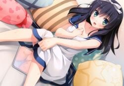 black_hair blush cube green_eyes kanekiyo_miwa kurano-kunchi_no_futago_jijou kurano_yae panties panty_pull pussy_juice seifuku underwear wet