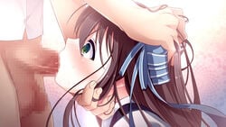 1boy blowjob brown_hair censored fellatio female game_cg green_eyes irrumatio kannaduki_nemu kannazuki_nemu katagiri_hisui long_hair oral penis tagme watashi_ga_seieki_chuudoku_nano_wa_omae_no_sei_da!