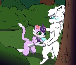 animal_genitalia animal_penis anthro behind_tree blue_penis blush bodily_fluids canine_genitalia canine_penis duo feeshyartist felid feline fellatio female fluffy genitals hi_res holding_head kneeling male male/female mammal miu_(feeshyartist) mustelid oral otter penile penis philikkahn plant saliva saliva_on_penis sex shrub tree tring