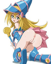 anus ass bare_shoulders blonde_hair boots dark_magician_girl female green_eyes hat kneeling long_hair looking_at_viewer naughty_face no_panties open_mouth pussy rayphenos sideboob smile staff sweat uncensored upskirt yu-gi-oh!