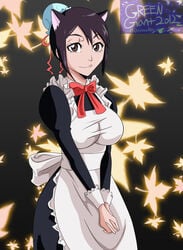 apron black_hair bleach bow_tie breasts brown_eyes cat_ears eyelashes female greengiant2012 halloween hinamori_momo huge_breasts looking_at_viewer maid maid_uniform smile solo