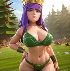 1girls 3d 3d_(artwork) 3d_artwork absurd_res absurd_resolution absurdres ai_generated archer_queen_(clash_of_clans) archer_queen_(clash_royale) artist_request athletic athletic_body athletic_female belly belly_button big_breasts breasts busty busty_female busty_girl clash_(series) clash_of_clans clash_royale closed_mouth crown curvaceous curvaceous_female curvaceous_figure curvy curvy_body curvy_female curvy_figure curvy_hips cute cute_expression cute_eyes cute_face cute_female emale female_only female_solo forest forest_background front_view grass grass_field half-closed_eyes hand_on_hip handwear headwear hi_res high_quality high_resolution highres huge_breasts large_breasts legs long_hair looking_at_viewer nipples_visible_through_clothing pink_lips pink_lipstick purple_eyes purple_hair pussy seductive seductive_body seductive_eyes seductive_look sideboob sky slim_waist small_waist solo_female standing supercell supercell_(company) thick_thighs thighs thin_waist tree trees