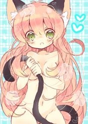 animal_ears blue_background breasts cat_ears cat_tail covering covering_breasts covering_crotch female green_eyes heart jinrui_wa_suitai_shimashita long_hair nude pink_hair ppppa tail watashi_(jintai)