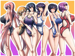 6+girls arms_up blushing breasts cleavage igawa_asagi igawa_sakura ingrid_(taimanin_asagi) kangoku_senkan large_breasts lieri_bishop lilith-soft makai_kishi_ingrid naomi_evans oboro_(taimanin_asagi) one-piece_swimsuit purple_hair sisters swimsuit taimanin_asagi taro