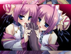 3girls black_hair blue_eyes blush bun_cover cum_on_lower_body daikyou double_bun elbow_gloves feet female flat_chest foot_lick game_cg gloves green_eyes katagiri_hinata koihime†_(series) koihime_musou licking long_hair multiple_girls no_shoes purple_hair short_hair shoukyou shuuyu_koukin_(koihime) siblings thighhighs toes twins uncensored yuri