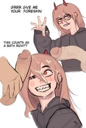 1girls 2_penises 2d 2d_(artwork) alternate_version_at_source artist_watermark blank_background chainsaw_man cum cum_on_chin cum_on_face cum_on_hair cum_on_hand dialogue english_text facial glasses hoodie horns one_eye_closed penis penis_on_face penis_vein playful power_(chainsaw_man) sharp_teeth smiling smiling_female sweater text white_background zero_dead_zone