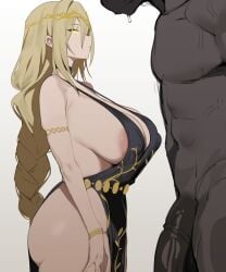1boy absurdres animal_penis areola_slip armlet bare_shoulders belly_chain black_dress blonde_hair bracelet braid braided_ponytail breasts choker circlet cleavage covered_nipples dark-skinned_male dark_skin dress duplicate elden_ring female fromsoftware girthy_penis glowing glowing_eyes gold_circlet highres horse_penis jewelry large_areolae large_breasts long_hair penis queen_marika_the_eternal shadow_of_the_erdtree sideboob sweat toma_(toma50) uncensored yellow_eyes
