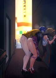 1futa 1girls 2girls absurdres against_wall alley belle_(delicate_sunlight)_(zenless_zone_zero) belle_(zenless_zone_zero) bent_over blue_hair blurry blurry_background breasts brown_hair clothed_sex clothing commentary_request dry_humping female from_behind futa_on_female futa_with_female futanari high_heels highres jacket large_breasts long_hair multiple_girls nicchi official_alternate_costume orange_jacket outdoor_sex outdoors panties panty_pull pantyhose penetration pink_panties pleated_skirt purple_skirt sex sex_from_behind shirt short_hair skirt skirt_lift socks spread_legs standing standing_sex trembling underwear white_pantyhose white_shirt white_socks ye_shunguang zenless_zone_zero