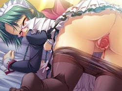 ass blood breasts chinese_girl closed_eyes female game_cg glasses green_hair hikage_eiji kaku_bunwa_(koihime) koihime†_(series) koihime_musou maid pantyhose pussy uncensored virgin