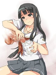 black_eyes black_hair cum cum_in_container cum_in_cup ejaculation female futami_eriko handjob kimi_kiss long_hair mochi_hanpen penis pleated_skirt school_uniform skirt