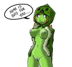 breasts character commission creeparka creeper english_text green_skin grey_nipples hoodie minecraft minecraft_(series) minecraft_xxx orange_hair personification pussy tagme text video_games