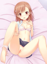 bra breasts female female_only human misaka_mikoto n.g. nipples nopan open_clothes open_shirt panty_pull photoshop pussy pussy_juice shirt solo to_aru_kagaku_no_railgun to_aru_majutsu_no_index