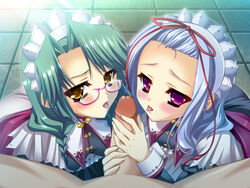 2girls blue_hair blush brown_eyes chinese_girl chinese_girls game_cg glasses green_hair hikage_eiji hongou_kazuto kaku_bunwa_(koihime) koihime†_(series) koihime_musou maid multiple_girls penis pink_eyes toutaku_chuuei