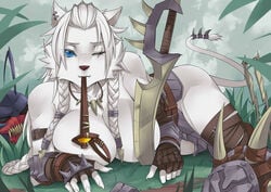 animal_ears armor blood blue_eyes braid breasts cat_ears cat_tail censored claws cleavage convenient_censoring earrings exaxuxer eye_patch eyepatch_removed faulds female fingerless_gloves fur furry gloves hair_ornament highres huge_breasts jewelry jungle kha'zix kuma-x kuma_x league_of_legends long_hair nature necklace nosebleed rengar ribbon rule_63 scar seductive_smile solo_focus spikes sword tail tail_ornament thigh_ribbon topless twin_braids weapon white_hair wink