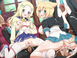 2girls ahoge animal_ears anklehighs anus ass blonde_hair blue_eyes blush bra bra_pull breast_grab breasts bukkake censored cum cum_in_pussy ejaculation female geraldine_bernstein gj-bu hair_ornament hairclip handjob kirara_bernstein lolita_channel looking_back male multiple_girls nipples open_clothes open_mouth open_shirt panties panties_around_leg panties_aside penis pussy school_uniform serafuku sex siblings sideboob sisters socks straight tears thigh_socks thighhighs turn_cuff_socks underwear vaginal_penetration white_legwear white_socks