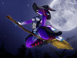 airborne anthro breasts broom canine clothes color fangs female female_only flying full_moon fur furry furry_tail halloween hat holidays hooves horn hybrid ksharra magic_user moon night outdoors purple_fur pussy pussy_juice skimpy solo tail white_fur witch