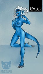 big_breasts blue_skin breasts corruption_of_champions ember_(corruption_of_champions) female genital_piercing hair hybrid ninjakitty nipple_piercing nipples original_character piercing pussy tongue tongue_piercing white_hair yellow_eyes