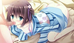 all_fours artist_request blue_eyes brown_hair censored clothing da_capo_iii fellatio game_cg hair katsuragi_himeno kimono nipples on_bed oral partial_male short_hair small_breasts