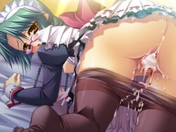 after_sex ass blood blush breasts brown_eyes chinese_girl cum cum_in_pussy female game_cg glasses green_hair hikage_eiji kaku_bunwa_(koihime) koihime†_(series) koihime_musou maid pantyhose pussy uncensored virgin