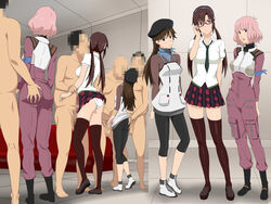 3girls adjusting_glasses ass ass_grab black_eyes blue_eyes blush boots breasts brown_hair censored clothing cottage feet glasses hairband handjob hat highres large_breasts legs long_hair looking_at_viewer mari_illustrious_makinami medium_breasts midori_kitakami multiple_girls neon_genesis_evangelion orgy panties penis pink_hair rebuild_of_evangelion sakura_suzuhara school_uniform shoes short_hair skirt skirt_lift standing stockings thighhighs thighs tied_hair twintails underwear