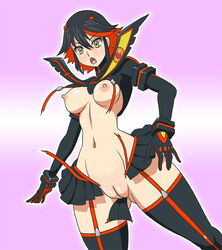 1girls areola black_hair breasts enf female female_only garter_straps gloves hourglass_figure kill_la_kill living_clothes matoi_ryuuko midriff multicolored_hair navel nipples open_mouth pleated_skirt ponpondou pussy red_hair school_uniform senketsu serafuku short_hair skirt solo suspenders thighhighs two_tone_hair wardrobe_malfunction weapon yellow_eyes