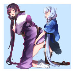 2girls alternate_costume areolae black_gloves black_legwear blue_kimono breasts breasts_out clothed_sex clothes_lift dildo female_admiral_(kantai_collection) floral_print from_side gloves hakama_lift hiememiko highres japanese_clothes kantai_collection kimono kimono_lift large_breasts long_hair looking_at_another looking_at_viewer multiple_girls murakumo_(kantai_collection) nipples object_insertion open_mouth orange_eyes purple_eyes purple_hair purple_kimono pussy_juice sex silver_hair small_breasts smile strap-on tabi thighhighs vaginal_object_insertion vaginal_penetration very_long_hair white_legwear wide_sleeves yuri