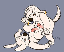 balls brian_griffin buttjob canine collar ear_piercing family_guy furry furry_only gay grey_background jasper_(family_guy) jellybats leg_grab lying male male_only no_humans nude on_back penis piercing plain_background