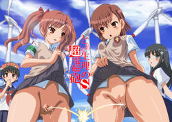 4girls black_hair blue_eyes blush brown_eyes brown_hair censor_bar censored female female_only highres human long_hair misaka_mikoto mizutani_rin multiple_females no_panties peeing pussy saten_ruiko shirai_kuroko short_hair skirt_lift tied_hair to_aru_kagaku_no_railgun to_aru_majutsu_no_index twintails uiharu_kazari