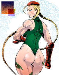 1girls anus ass ass_focus back_view beret blonde_hair blue_eyes braid cammy_white capcom dat_ass female female_focus female_only fingerless_gloves from_behind gauntlets hekemori human leotard light-skinned_female light_skin muscle muscular muscular_arms muscular_female scar solo solo_female solo_focus standing street_fighter thighs thong_leotard twin_braids viewed_from_behind ya-zy yunioshi