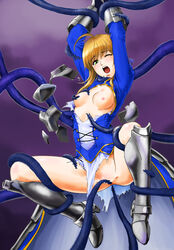 ahoge armor armor_removed artoria_pendragon blonde_hair blush bondage breasts exposed_breasts fate/stay_night fate_(series) female greaves green_eyes highres imminent_tentacle_in_ass imminent_tentacle_sex nipples no_pussy one_eye_closed rape restrained_by_tentacles saber solo stripped_by_tentacles suspended_via_tentacles takumx3 tentacle tentacle_on_breast tentacle_on_pussy tentacles_around_legs tentacles_around_wrists torn_clothes torn_dress undressing wince