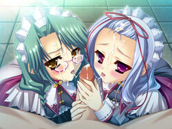 2girls blue_hair blush brown_eyes chinese_girl chinese_girls game_cg glasses green_hair hikage_eiji hongou_kazuto kaku_bunwa_(koihime) koihime†_(series) koihime_musou maid multiple_girls penis pink_eyes toutaku_chuuei