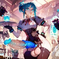 ai_generated android blue_eyes blue_hair cum cup cyborg drink drinking_glass earrings erection fingerless_gloves futanari garter_straps gloves glowing_penis hand_on_hip hi_res huge_cock indoors jewelry large_penis large_testicles medium_breasts muscular muscular_female neck_ribbon no_panties penis puffy_sleeves ribbon shirt short_sleeves skindentation slim_waist snakehands solo_focus testicles thick_thighs thighhighs tongue_out uncensored waitress