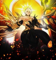 1boy 1male aureola balls big_balls big_penis black_body black_penis blonde_hair blonde_hair_male blonde_male body_markings body_writing choker demi_god demigod floating gilded god gold gold_(metal) gold_body gold_choker gold_glans gold_jewelry gold_wings golden_body golden_body_parts golden_choker golden_markings golden_wings grin grinning grinning_at_viewer halo honkai:_star_rail hoyoverse levitation looking_at_viewer looking_down low-angle_view male massive_balls massive_penis muscles muscular muscular_male penis phainon_(honkai:_star_rail) pink_nipples veiny veiny_penis wings yellow_eyes yellow_glans yellow_markings