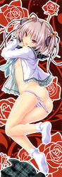 anus ass bell cameltoe cute_fang female flat_chest floral_background grey_hair hair_bell hair_ornament hapymaher high_resolution koku looking_at_viewer lying naitou_maia navel nipples on_side open_clothes open_mouth open_shirt panties panty_pull plaid plaid_skirt pleated_skirt red_eyes school_uniform shirt short_twintails skirt skirt_removed sleeves_past_wrists slit_pupils smile socks solo striped striped_panties tied_hair twintails underwear white_legwear