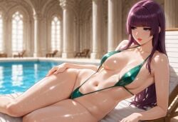 ai_generated blunt_bangs breasts castlevania castlevania:_portrait_of_ruin female long_hair looking_away loretta_lecarde lying lying_on_side medium_breasts pool purple_hair red_lipstick seductive_look slingshot_swimsuit wet wet_body