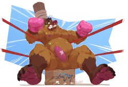 2025 4_toes anthro balls bandage_on_penis blue_body blue_fur box boxing boxing_gloves boxing_gloves_only cardboard cardboard_box claws clothing container feet fighting_ring fur genitals gloves_(marking) gold_(metal) gold_tooth handwear handwear_only hi_res humanoid_genitalia humanoid_penis hy_eight hyena leg_markings male mammal markings mostly_nude muscular muscular_anthro muscular_male nipple_piercing nipples nude pawpads penis piercing red_rope redic-nomad rope sitting sitting_on_box socks_(marking) solo sport spotted_hyena toe_claws toes