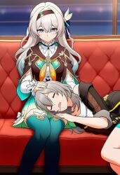 2girls ai_art ai_generated asleep firefly_(honkai:_star_rail) grey_hair hair_ribbon hairband hand_on_another's_head headpat honkai:_star_rail jacket lap_pillow lying novelai saliva salivating skirt sleeping stelle_(honkai:_star_rail) thigh_strap thighhighs