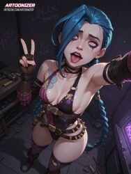 ahe_gao ai_generated arcane arcane_jinx artoonizer blue_hair boots braid braided_hair bullet chest_belt female fingerless_gloves gauntlets handwear highleg_leotard jinx jinx_(arcane) jinx_(league_of_legends) league_of_legends leotard light-skinned_female light_skin long_hair medium_breasts necklace open_mouth petite posing purple_eyes rolling_eyes ruined_makeup selfie solo solo_female solo_focus tattoo thick_thighs thighhighs thighs tongue_out twin_braids v-sign v_sign very_long_hair wide_hips