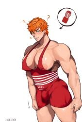 1boy ? artist_name big_pecs blush breasts bryce_callahan bulge clothed clothing gay gay_male jock_studio karmatown male male_focus male_only muscular muscular_arms muscular_chest muscular_male nipples pecs sidepec simple_background sleeveless solo solo_male tenga tenga_outfit yaoi