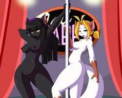 anthro areola black_fur black_hair blonde_hair blue_eyes breasts brown_fur dancing edit feline female fur furry hair las_lindas nipples nude pole pole_dancing pussy rachael_saleigh sarah_silkie white_fur yellow_eyes