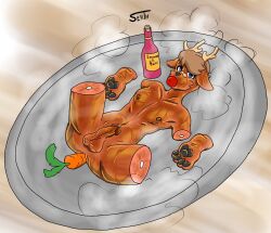amputee anthro antlers apple_in_mouth balls bodily_fluids cannibalism carrot_dildo carrot_in_ass collarbone cooked cooking_with_furs deer disability feet foot_fetish genital_fluids genitals glistening glistening_body hi_res horn improvised_dildo improvised_sex_toy looking_at_viewer male mammal navel nipples oiled_body pawpads penis platter precum serth solo steam steaming_body