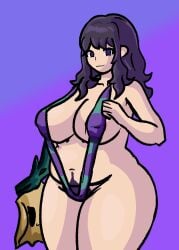 1girls :3 belly belly_button blue_background breasts carpet_matching_drapes chetoh chubby chubby_female claire_(chetoh) close_(chetoh) commission commissioner_upload female female_focus female_only fusion fusion_character green_arm hair happy_trail humanized multicolored_bikini oc original original_character paper_bag pubic_hair purple_eyes purple_hair purple_pubic_hair rose_(chetoh) sling_bikini smile smiling smiling_at_viewer