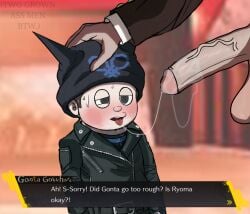 accurate_art_style after_oral anime beanie bedroom big_balls big_penis blowjob blowjob_face blush danganronpa danganronpa_v3 danganronpa_v3:_killing_harmony dialogue dick digital_drawing_(artwork) digital_media_(artwork) dwarf dwarf_male dwarfism gay gay_blowjob gokuhara_gonta grey_eyes height_difference holding_head leather_jacket love_hotel male/male new_danganronpa_v3 out_of_breath panting penis precum precum_on_penis precum_string ryoma_hoshi saliva saliva_trail sprite_edit sweat tounge_out yaoi