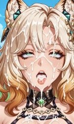 after_rape after_sex ahe_gao ahegao_face ai_generated bitch bukkake cat_ears cum_in_mouth cum_in_tongue cum_on_face cumslut genshin_impact much_cum raped slave slut teslart tongue_out xilonen_(genshin_impact) yellow_hair
