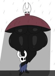 1boy 1girls big_breasts big_thighs bigger_female carrying carrying_another carrying_person female highres hollow_knight hollow_knight:_silksong hornet_(hollow_knight) huge_ass huge_breasts huge_thighs joke_art male no_feet protagonist_(hollow_knight) rain raining silksong smaller_male stemingbunbun tagme thick_thighs umbrella upset