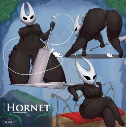 action_pose anthro arachnid arthropod ass bench big_breasts big_butt black_body breasts crossed_legs digital_media_(artwork) female genitals hi_res hollow_knight_(franchise) hornet_(hollow_knight) leaf melee_weapon multiple_poses mvikt nipples nude nude_female on_bench polearm pose purple_nipples sitting sitting_on_bench solo spear spider team_cherry vulva weapon