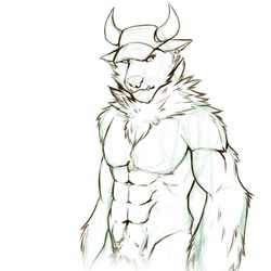 abs anthro biceps bison bovine canine chest_tuft fenrir furry hat horn hybrid line_art male male_only monochrome nude pecs plain_background pose rrowdybeast shynjy sketch solo tuft wolf