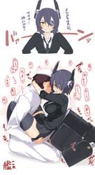 1boy 1girls :o admiral_(kantai_collection) batsu_(batuact3) black_legwear blush clothed_sex female gloves hat headgear highres hug kantai_collection leg_lock light-skinned_female light-skinned_male light_skin loose_necktie military military_uniform necktie personification purple_hair skirt smirk sweater tenryuu_(kantai_collection) text thighhighs translation_request uniform yellow_eyes