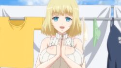 1girls alisa_(katainaka_ni_totsui_de_kita_russia_musume_to_h_shimakuru_ohanashi) cleavage clothed_female clothesline collaboration_works dressing female female_only gigantic_breasts green_panties huge_breasts katainaka_ni_totsui_de_kita_russia_musume_to_h_shimakuru_ohanashi laundry massive_breasts ova panties russian_female russian_girl shirt suzumura_arisa yellow_hair yellow_hair_female yellow_shirt